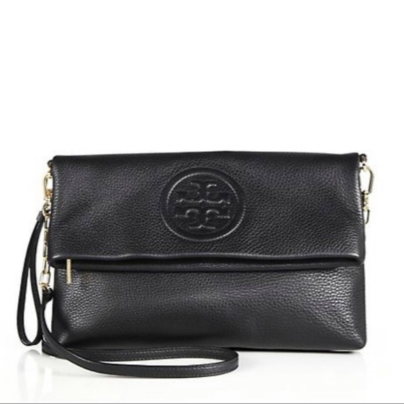 Tory Burch Handbags - Tory Burch Bombe Foldover Clutch Purse Crossbody Black Leather